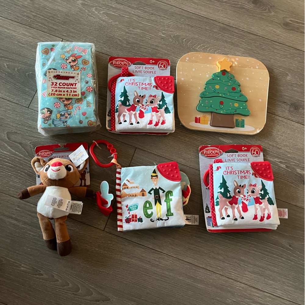 NWT Baby Christmas Bundle. 3 Soft Baby Books, Wood Puzzle, PaciPal, and Napkins